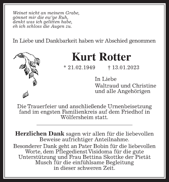 Traueranzeige von Kurt Rotter von Wetterauer Zeitung