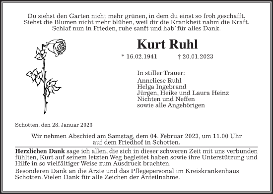 Traueranzeige von Kurt Ruhl von Kreis-Anzeiger