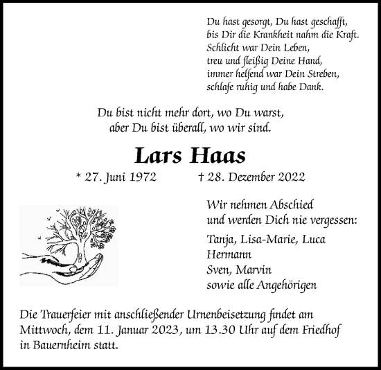 Traueranzeige von Lars Haas von Wetterauer Zeitung