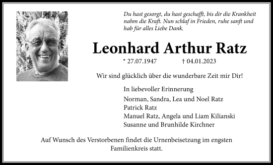 Traueranzeige von Leonhard Arthur Ratz von Giessener Allgemeine, Alsfelder Allgemeine
