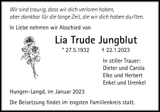 Traueranzeige von Lia Trude Jungblut von Licher Wochenblatt