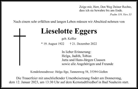 Traueranzeige von Lieselotte Eggers von Wetterauer Zeitung