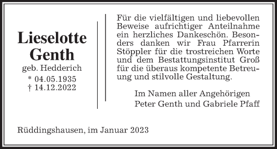 Traueranzeige von Lieselotte Genth von Rabenauer Zeitung