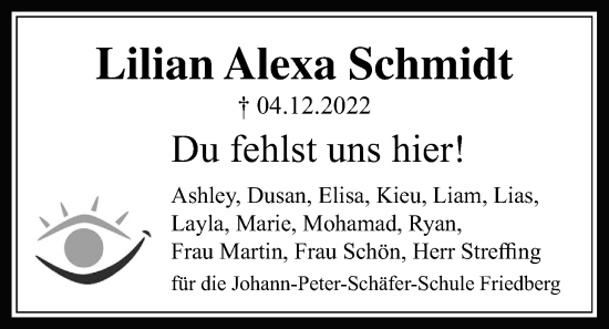Traueranzeige von Lillian Alexa Schmidt von Wetterauer Zeitung