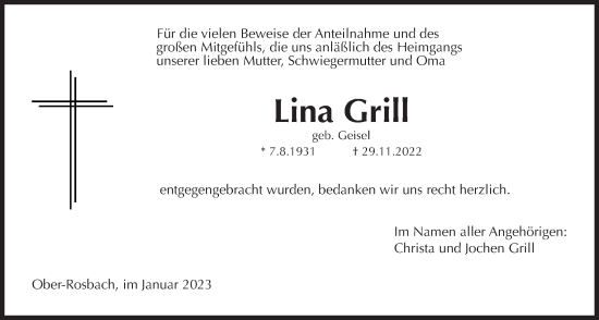 Traueranzeige von Lina Grill von Wetterauer Zeitung