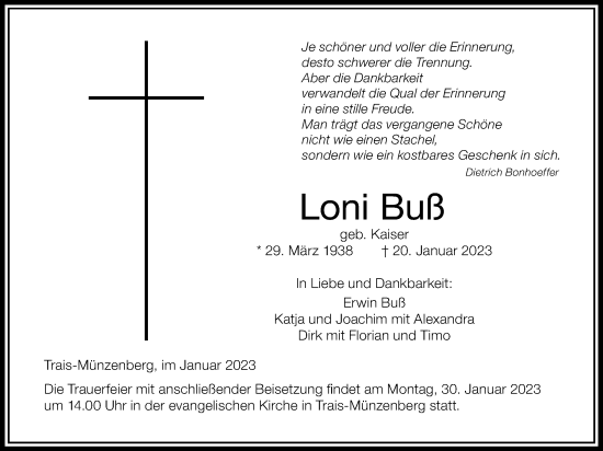 Traueranzeige von Loni Buß von Wetterauer Zeitung