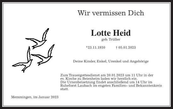 Traueranzeige von Lotte Heid von Wetterauer Zeitung