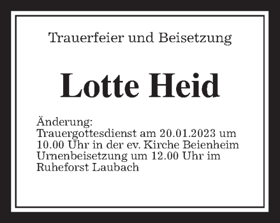 Traueranzeige von Lotte Heid von Wetterauer Zeitung