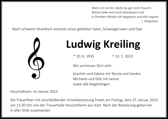 Traueranzeige von Ludwig Kreiling von Giessener Anzeiger