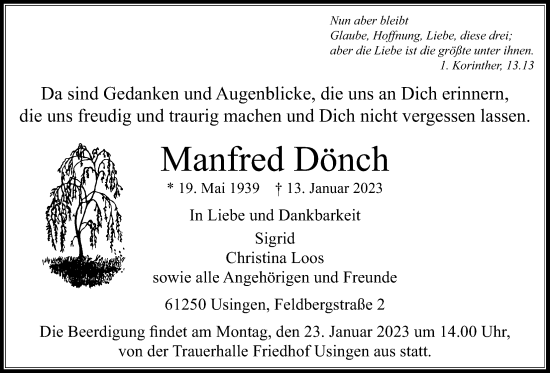 Traueranzeige von Manfred Dönch von Usinger Anzeiger