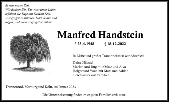 Traueranzeige von Manfred Handstein von Alsfelder Allgemeine