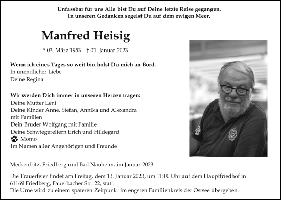 Traueranzeige von Manfred Heisig von Kreis-Anzeiger, Wetterauer Zeitung