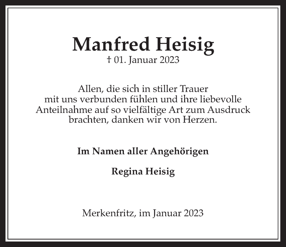  Traueranzeige für Manfred Heisig vom 21.01.2023 aus Kreis-Anzeiger, Wetterauer Zeitung