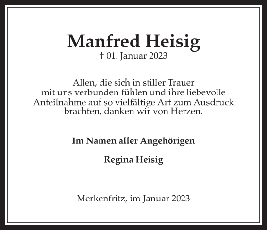 Traueranzeige von Manfred Heisig von Kreis-Anzeiger, Wetterauer Zeitung