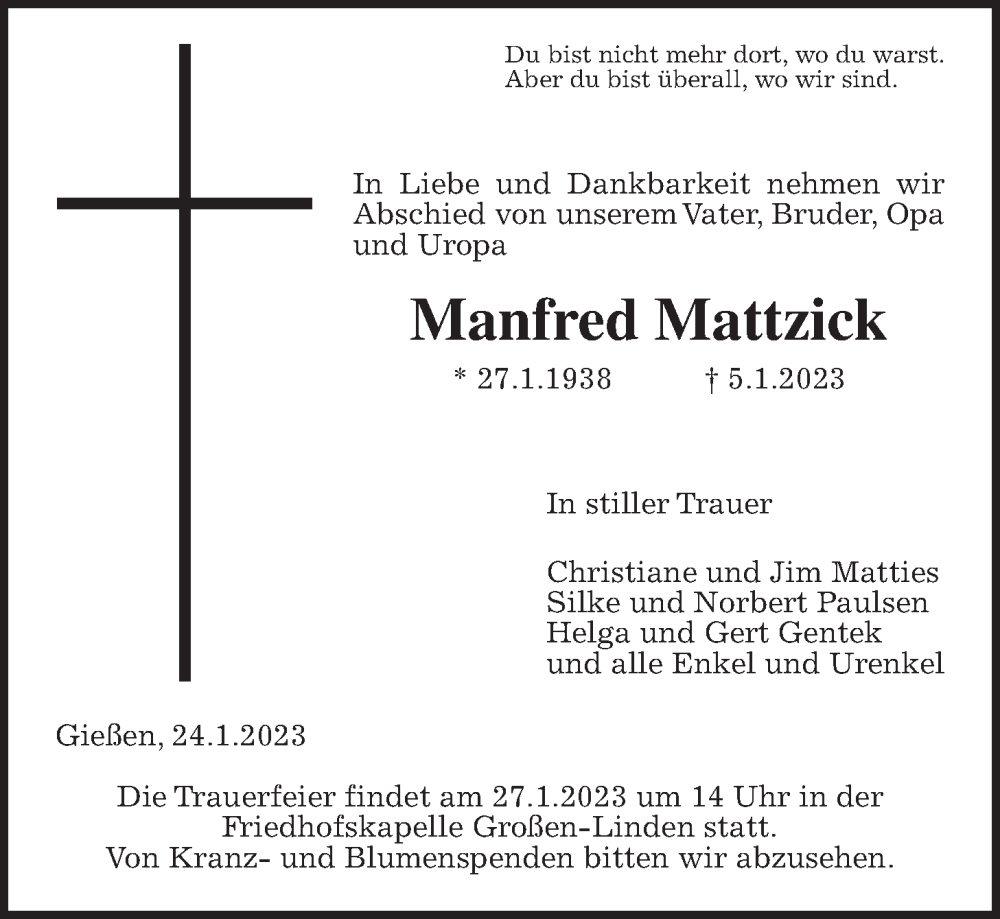  Traueranzeige für Manfred Mattzick vom 24.01.2023 aus Giessener Anzeiger