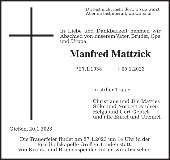 Traueranzeige von Manfred Mattzick von Giessener Allgemeine, Alsfelder Allgemeine