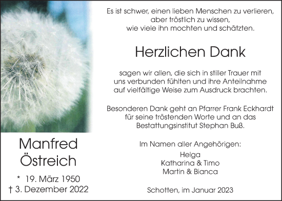 Traueranzeige von Manfred Östreich von Kreis-Anzeiger