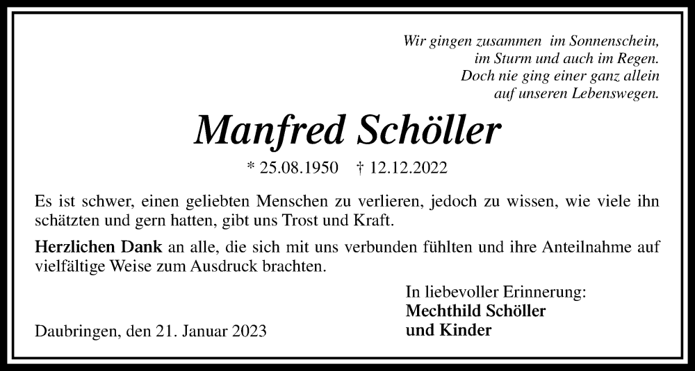  Traueranzeige für Manfred Schöller vom 21.01.2023 aus Giessener Allgemeine, Alsfelder Allgemeine