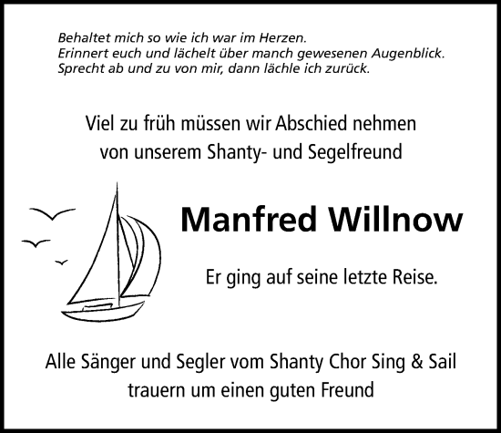 Traueranzeige von Manfred Willnow von Kreis-Anzeiger