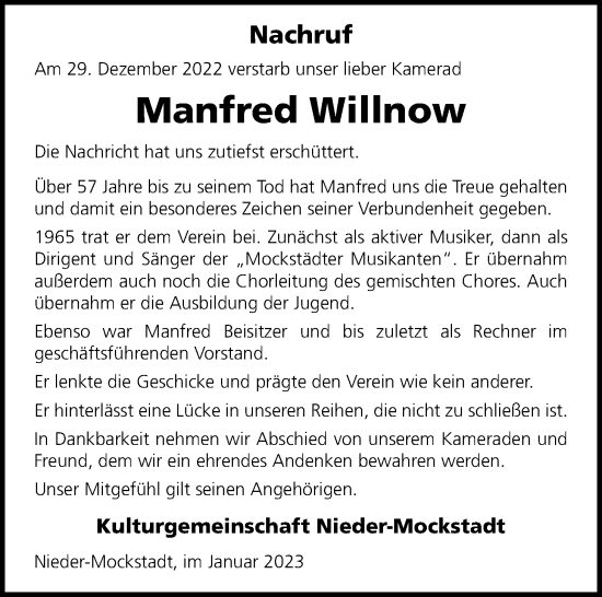 Traueranzeige von Manfred Willnow von Kreis-Anzeiger
