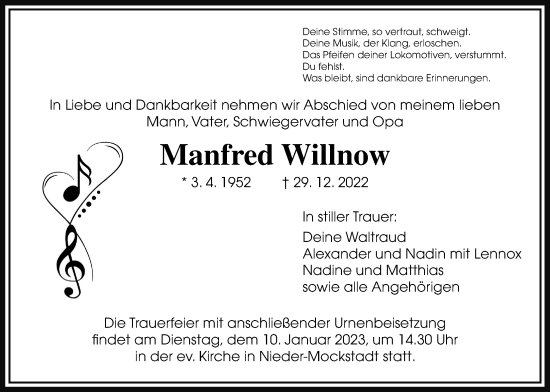 Traueranzeige von Manfred Willnow von Wetterauer Zeitung, Kreis-Anzeiger
