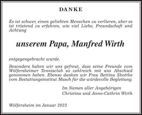 Traueranzeige von Manfred Wirth von Wetterauer Zeitung