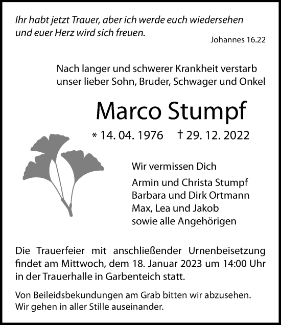Traueranzeige von Marco Stumpf von Pohlheimer Nachrichten, Pohlheimer Nachrichten, Giessener Allgemeine, Alsfelder Allgemeine