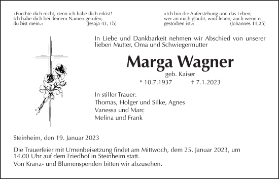 Traueranzeige von Marga Wagner von Licher Wochenblatt