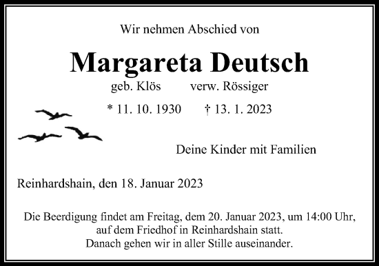 Traueranzeige von Margareta Deutsch von Giessener Allgemeine, Alsfelder Allgemeine