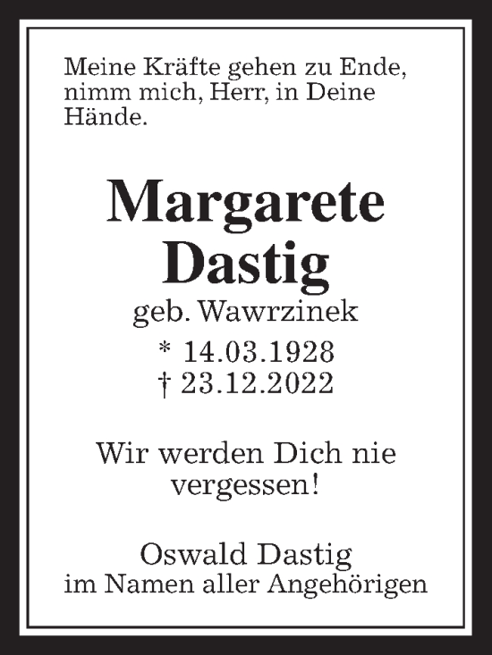 Traueranzeige von Margarete Dastig von Laubacher Anzeiger