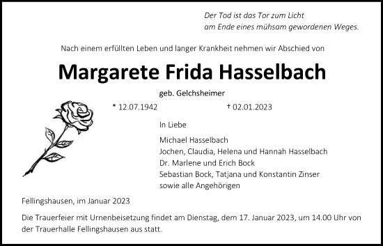 Traueranzeige von Margarete Frida Hasselbach von Giessener Allgemeine, Alsfelder Allgemeine