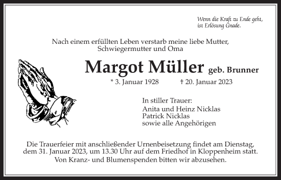Traueranzeige von Margot Müller von Bad Vilbel/Karben