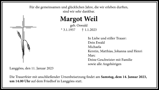 Traueranzeige von Margot Weil von Giessener Anzeiger, Giessener Allgemeine, Alsfelder Allgemeine