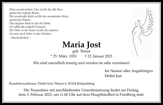 Traueranzeige von Maria Jost von Wetterauer Zeitung