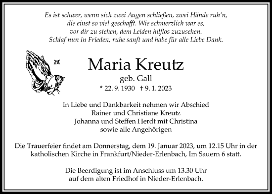 Traueranzeige von Maria Kreutz von Bad Vilbel/Karben