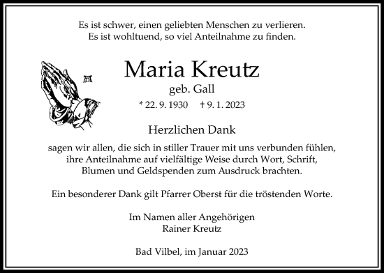 Traueranzeige von Maria Kreutz von Bad Vilbel/Karben