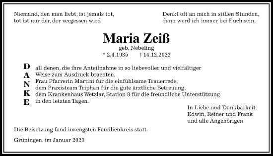 Traueranzeige von Maria Zeiß von Pohlheimer Nachrichten