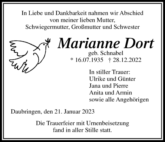Traueranzeige von Marianne Dort von Giessener Anzeiger