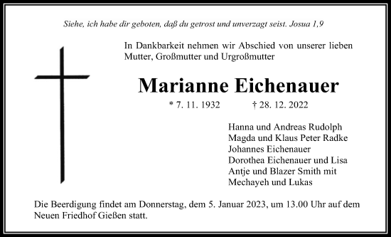 Traueranzeige von Marianne Eichenauer von Giessener Allgemeine, Alsfelder Allgemeine, Giessener Anzeiger