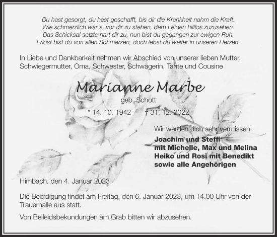 Traueranzeige von Marianne Marbe von Kreis-Anzeiger