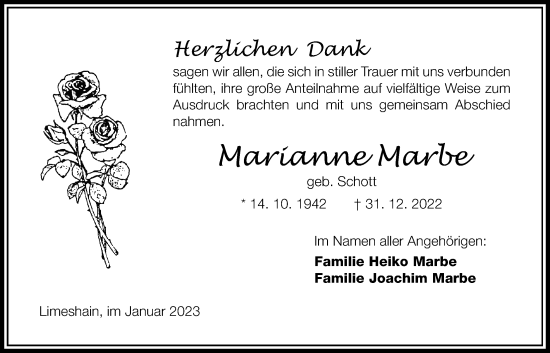 Traueranzeige von Marianne Marbe von Kreis-Anzeiger