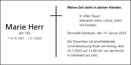 Traueranzeige von Marie Herr von Giessener Allgemeine, Alsfelder Allgemeine, Giessener Anzeiger