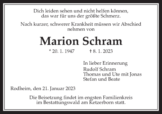 Traueranzeige von Marion Schram von Wetterauer Zeitung