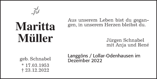 Traueranzeige von Maritta Müller von Giessener Allgemeine, Alsfelder Allgemeine