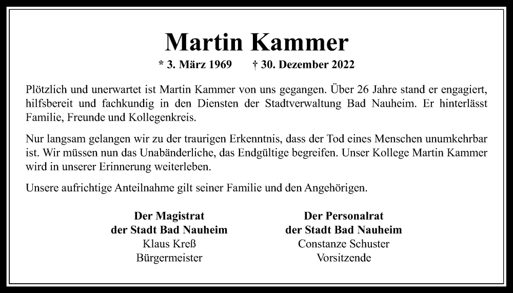  Traueranzeige für Martin Kammer vom 21.01.2023 aus Wetterauer Zeitung