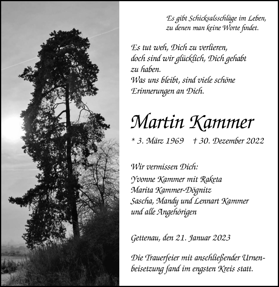  Traueranzeige für Martin Kammer vom 21.01.2023 aus Wetterauer Zeitung