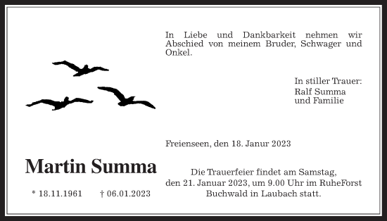 Traueranzeige von Martin Summa von Giessener Allgemeine, Alsfelder Allgemeine