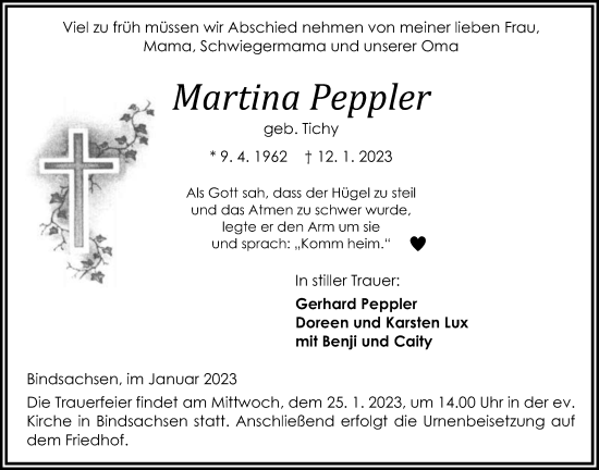 Traueranzeige von Martina Peppler von Kreis-Anzeiger