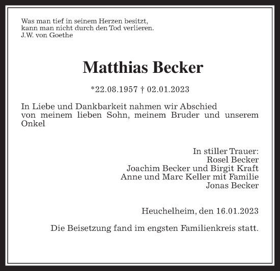 Traueranzeige von Matthias Becker von Giessener Allgemeine, Alsfelder Allgemeine
