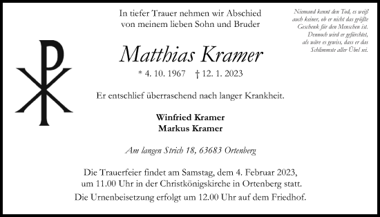 Traueranzeige von Matthias Kramer von Kreis-Anzeiger